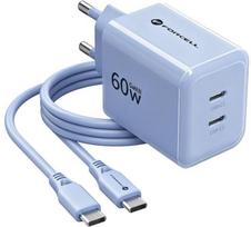 Forcell F-Energy GaN III VT-60 60 W PD QC 4.0+ sieninis įkroviklis su 2x USB-C, mėlynas + USB-C kabelis