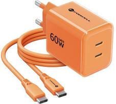 Forcell F-Energy GaN III VT-60 60W PD QC 4.0+ 2x USB-C sieninis įkroviklis oranžinis + USB-C kabelis