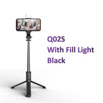 Q02S belaidis „Bluetooth“ „selfie Stick“ sulankstomas mini trikojis su užpildymo šviesos užrakto nuotolinio valdymo pulteliu, skirtas „Huawei IOS Android“ Fill light juoda