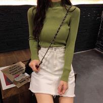 Solid Color Semi High Neck Base Shirt, Tight Fitting Top, Women's Autumn Long Sleeved Knit Shirt One Size žalia