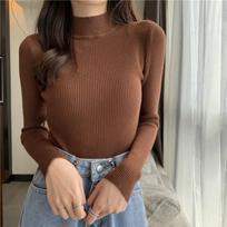 Solid Color Semi High Neck Base Shirt, Tight Fitting Top, Women's Autumn Long Sleeved Knit Shirt One Size tamsiai ruda spalva