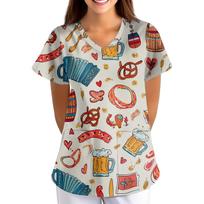 Women's Oktoberfest Print V-Neck Short Sleeve Scrub Top with Pockets, Loose Fit L chaki