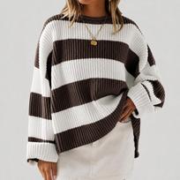 Women's Striped Neck Sweater with Long Bell Sleeves, Loose Fit Knit Pullover M kava
