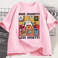 More Spaghetti Less Upsetti Funny Cat T-Shirt Women Printed Short Sleeve Cat Lover Women T-Shirt Clothing M gray