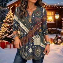 Women's Casual Christmas Printed Long Sleeve Top for Holiday Party M