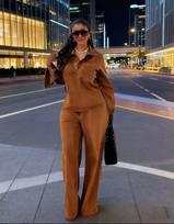 Womens Denim Jacket and Wide Leg Pants Set Casual Lapel Collar Two Piece Outfit in Multi Colors L brown