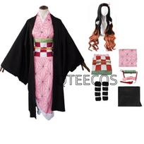 Kamado Nezuko Cosplay Halloween Costume Party Clothes Anime Kimetsu No Yaiba Outfit Wig Shoes Set 150 pink