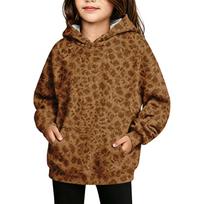 Girls' Leopard Print Hoodie Round Neck Casual Pullover for Everyday Wear 110 kava
