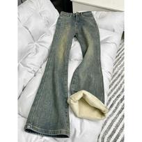 Fleece Thickened Retro Spice Girl High Waist Flared Jeans Women's Skinny Slim Washed Mopping Pants XL gray