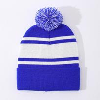 Striped Hairball Knitted Hat, Contrasting Flanged Cold Hat, Unisex Autumn and Winter Casual Warm Hat blue
