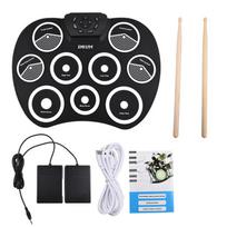 Electronic Drum Set Hand-rolled Drum 9 Pad MIDI Interface Supports DTX Games Portable Drum Set Gifts with Drumsticks Pedals black