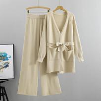 Wide-leg Pants Knitted Cardigan Jacket Two-piece Set Women's Autumn and Winter Loose Fashion Suit XXL abrikosas