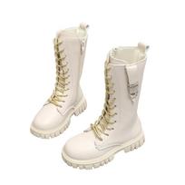 Kids' Casual Leather Mid-Calf Boots with Gold Shoelaces and Side Zipper, Round Toe, Large Size 31 smėlis