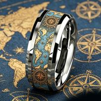 Vintage World Map Compass Ring Retro Ocean Theme Men Stainless Steel Ring High Polished Nautical Traveler Jewelry Gift for Him 13 black
