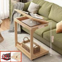 Height adjustable Solid Wood Side Table Sofa Bedside Laptop Desk For Living Room Bedroom Study Writing Book Shelf Organizer beige