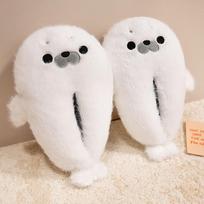 Šiltos moteriškos animacinio stiliaus ruonio pliušinės neslystančios namų šlepetės Size 36-37 white