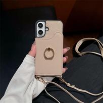 Applicable to iphone16promax crossbody lychee pattern 12pro ring fishtail lanyard card function protective case iphone12ProMax black
