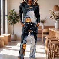 Women's Casual Pajama Set with Long Sleeve Round Neck and Drawstring Wide Leg Pants for Sleep and L black
