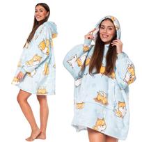 Blanket sweatshirt blanket-sweatshirt 2in1 oversize hood thick sherpa light blue with dogs white