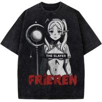 Manga Frieren Beyond Journey's End T-shirt For Men‘s Clothing Trendy Vintage Washed T Shirrt Short Sleeve Tops 3XL gray