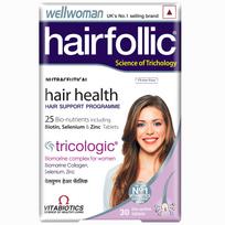 Wellwoman Hairfollic papildai su Advanced Hair Nutrition formule moterims su jūrinių gyvūnų kolageno kompleksu, biotinu ir cinku, kurie palaiko plaukų g