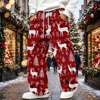 Men's Casual Loose Fit Corduroy Straight Leg Pants with Christmas Print and Elastic Waist XL raudona