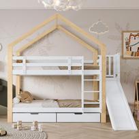 [30955901NAA] Bunk Bed with Slide and Three-Step Ladder, House Bed with Fall Protection and 2 Drawers, Solid Wood Bed Frame, White+Natural, 90x200cm 245 x 164 x 223 cm balta