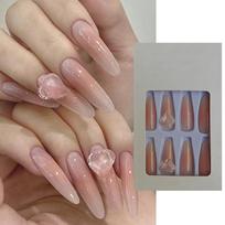 S.A.V.I 24 Pcs Long Nude Press On Nails with Heart Crystal | Reusable Glossy False Nails for Women & Girls | Stick-On Artificial Nail Extensions fo gray