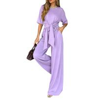 Women's Short Sleeve Loose Wide Leg Pants Set with Belt Casual Outfit XL violetinė