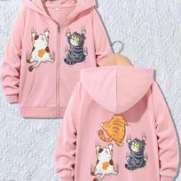 Funny Stylish Kawaii Zip Up Hoodie Cat Print Boys Girls Zipper Winter Autumn Jacket Trendy Cartoon Sweatshirts Unisex 110 rožinė