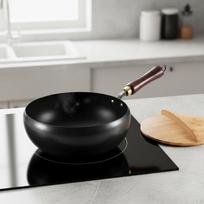 Carbon Steel Wok Induction Compatible Chinese Uncoated Kitchen Cookware for Home Cooks, 24CM
