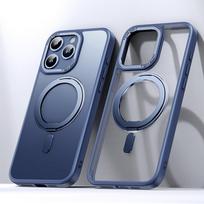 Magnetinis 360° besisukantis stovas telefono dėklas, skirtas iphone 11 12 13 14 15 16 Pro Max 16Plus su žiedo laikikliu Matinis skaidrus dangtelis For iphone 12&Case & Holder mėlyna