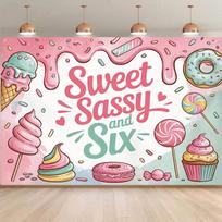 2D Sweet Sassy & Six Backdrop, Girls 6th Birthday Party Candy Ice Cream Photo Booth Banner 47.2x31.5inch/120*80cm white