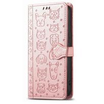 Leather Wallet Flip Case for Realme 16 15 15T 14 14X 13 12 Pro+ Lite 4G 5G, Cat and Dog Embossed, phone Cover realme 13 Pro+ rožinio aukso spalvos