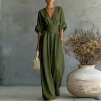 Gilios V formos iškirptės moteriški kombinezonai Elegantiški vientisos spalvos aukšto juosmens šortai Kombinezonai Laisvi plačių kojų kelnės Kišeniniai kombinezonai Atostogų apranga Laisvi M tamsiai žalia spalva