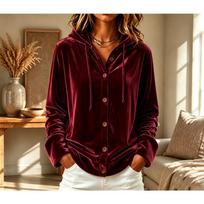 Women Vintage Lazy Style Velvet Hooded Coat, Button Drawstring Loose Oversized Outerwear Jacket XL bordinė