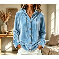 Women Vintage Lazy Style Velvet Hooded Coat, Button Drawstring Loose Oversized Outerwear Jacket M šviesiai mėlyna spalva