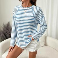 Women's Crew Neck Striped Pullover Sweater Long Sleeve Raglan Sleeve Casual Lightweight Knit Top for Everyday Wear S tamsiai mėlyna