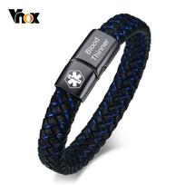 Vnox individualizuotas medicininis vyriškas ID apyrankė pintas odinis apyrankė su užsegimu Diabetas LOPD Alzheimerio liga personalizuoti papuošalai 19.5cm gray