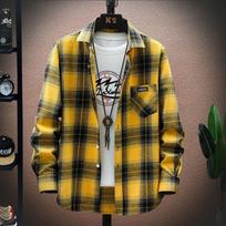 Korėjietiški drabužiai Vintažiniai vyriški juodi balti languoti marškiniai-paltas Pavasario rudens mada Vyriški drabužiai Laisvi universalūs ilgomis rankovėmis švarkai M geltona
