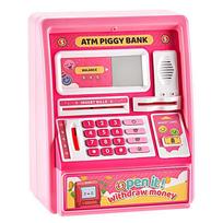 ATM Savings Jar with Password Lock for Kids' Role-Play, Card Insert, Automatic Money Counting and Rolling Feature. 19x16x26 cm rožinė