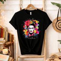 Vibrant Splatter Paint Kahlo Modern Floral Artist Graphic Tee Bold Art Lover Gift for Frida Fan L black