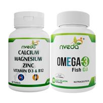 Nveda Omega 3 Fish Oil Capsules + Calcium Tablets Combo for Men & Women | Omega 3 Supplement with Calcium, Magnesium, Zinc, Vitamin D3 & B12 | S