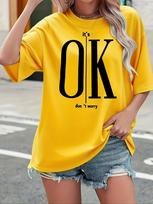 It's OK Motivational T-Shirt Black with White Letter Print Round Neck Casual Elegant Top Minimalistic Design Fashion Harajuku S black