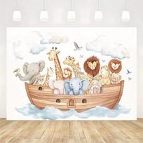 2D plokščias 1 vnt. animacinis Nojaus arka fonas jaunimo krikštynoms, su miško gyvūnais ir jūrų temomis 59×39inch/150*100cm beige