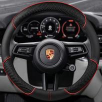 For Porsche Cayenne Taycan Macan 8D Nappa leather Car Steering Wheel Cover Panamera 718 911 Cayman Auto Accessories Red circle black