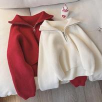 Women S Thick Knit Zip Up Loose Lazy Style Cardigan S raudona