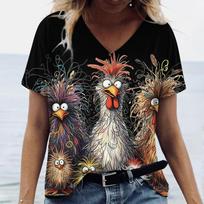 Summer V-neck 3D Animal Chicken Pattern Printed Top Fashionable Casual Short Sleeved Women's T-shirts 5XL gray