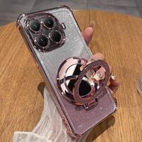 For Xiaomi 17T Pro Plating Glitter Mirror Holder Silicone Four Corners Shockproof Case for Mi 17 T Pro Magnetic Ring Stand Cover for xiaomi 17T rožinė