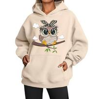 Mielas pelėdos dizainas Moteriški džemperiai su gobtuvu Amerikietiško stiliaus Laisvalaikio džemperis su gobtuvu Rudens Hip Hop Moteriškas džemperis su gobtuvu Laisvalaikio vilnos drabužiai Moteriškas džemperis XL beige
